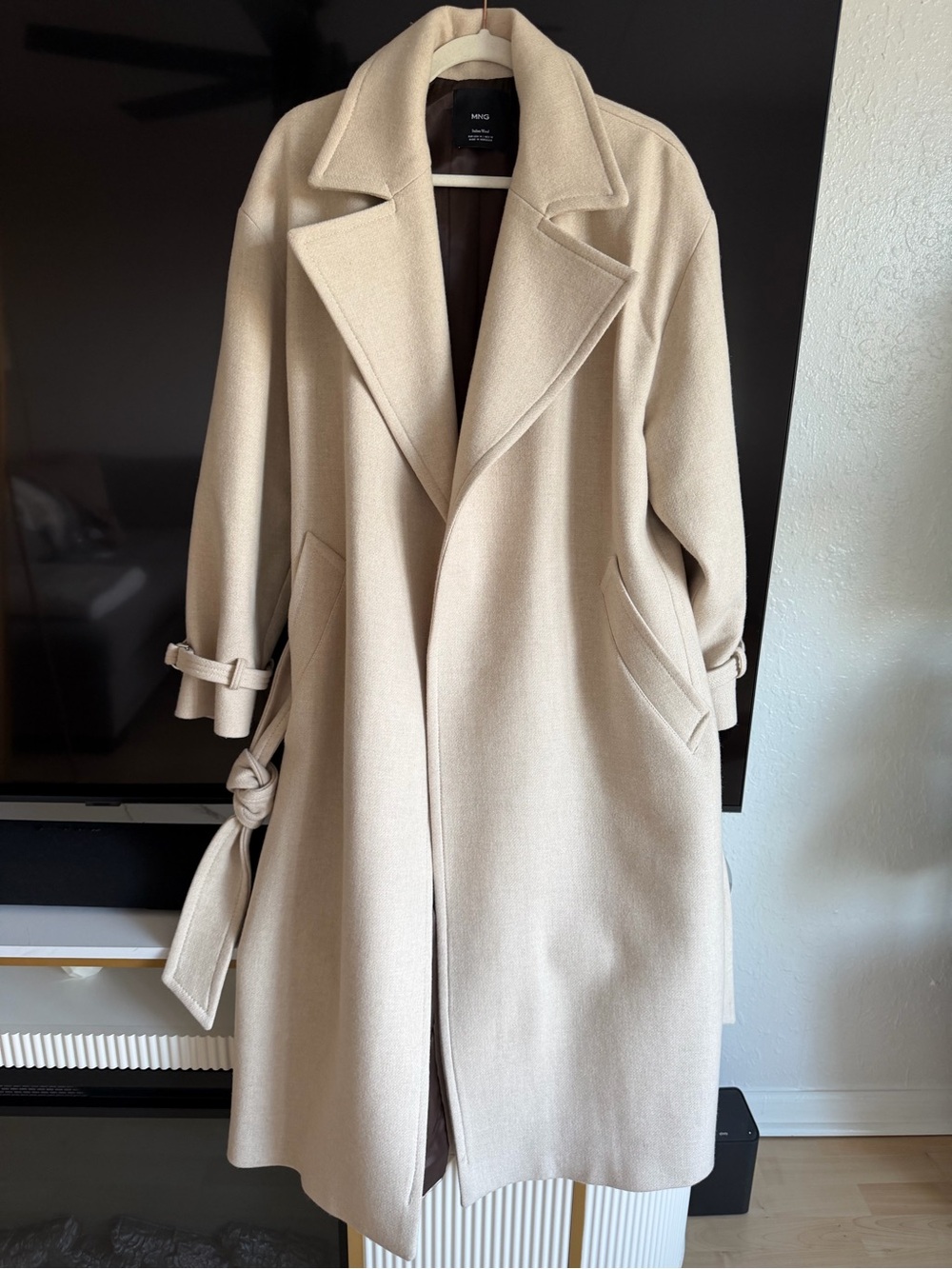 MANGO 100% Wool Belted Coat – Cream Beige – Size M - Picture 2 of 8